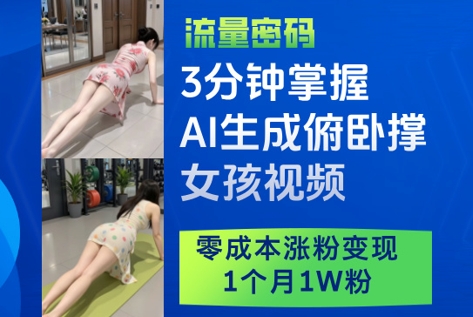 3分钟掌握AI生成俯卧撑女孩视频，零成本涨粉变现，1个月1W粉-萤火网创
