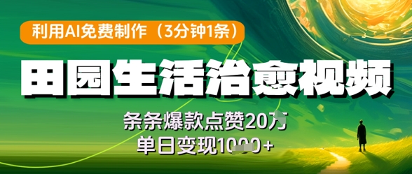 利用AI免费制作田园生活治愈视频，条条爆款点赞20W，单日变现几张-萤火网创