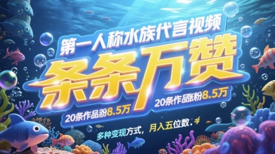 第一人称水族代言视频，条条万赞，20条作品涨粉7.8W，多种变现方式月入五位数-萤火网创