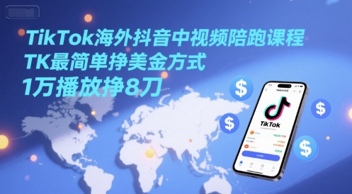 TikTok海外抖音中视频陪跑课程，TK最简单挣美金方式，1万播放挣8刀-萤火网创