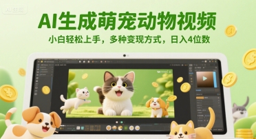AI生成萌宠动物视频，小白轻松上手，多种变现方式，日入4位数-萤火网创