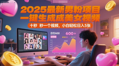 2025最新男粉项目，一键生成美女视频，日引600+色粉 十秒一个视频，小白轻松日入5张【揭秘】-萤火网创