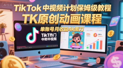 TikTok中视频计划保姆级教程，TK原创动画课程，单账号月收益4k美刀-萤火网创