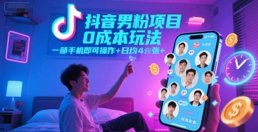 抖音男粉项目0成本玩法，一部手机即可操作，日均4张+，时间自由-萤火网创