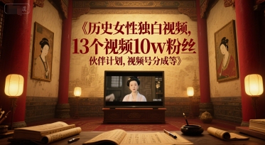 历史女性独白视频，13个视频10w粉丝，伙伴计划，视频号分成等-萤火网创