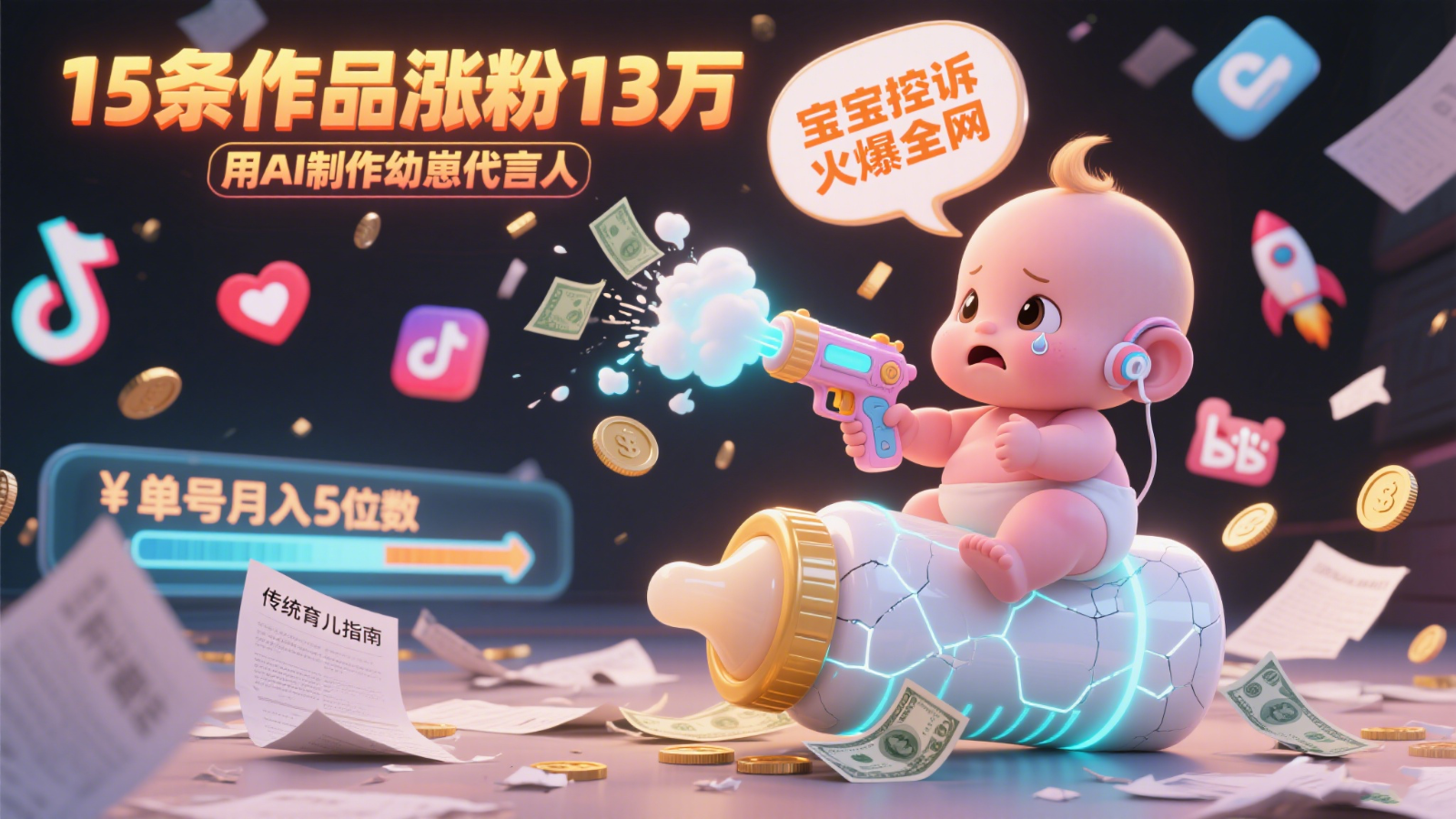 用AI制作幼崽代言人，宝宝的控诉火爆全网，15条作品涨粉13万，单号月入5位数实操教程-萤火网创