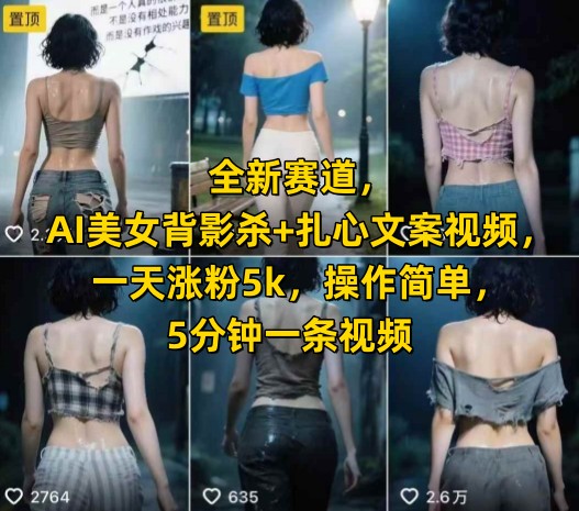 全新赛道，AI美女背影杀+扎心文案视频，一天涨粉5k，操作简单，5分钟一条视频-萤火网创