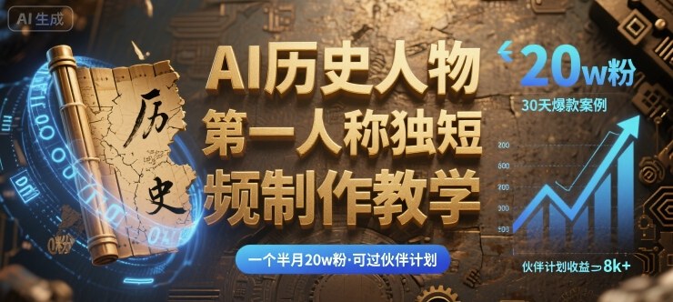最新AI历史人物第一人称独白短视频制作教学，一个半月20w粉，可过伙伴计划-萤火网创