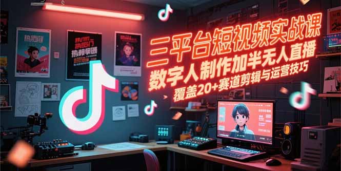 三平台短视频实战课，数字人制作加半无人直播，覆盖20+赛道剪辑与运营技巧-萤火网创