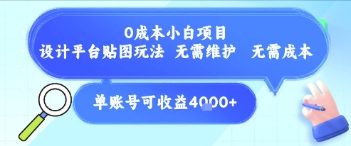 0成本小白项目，设计平台贴图玩法，无需维护，无需成本，单账号单月可产生收益4k+-萤火网创