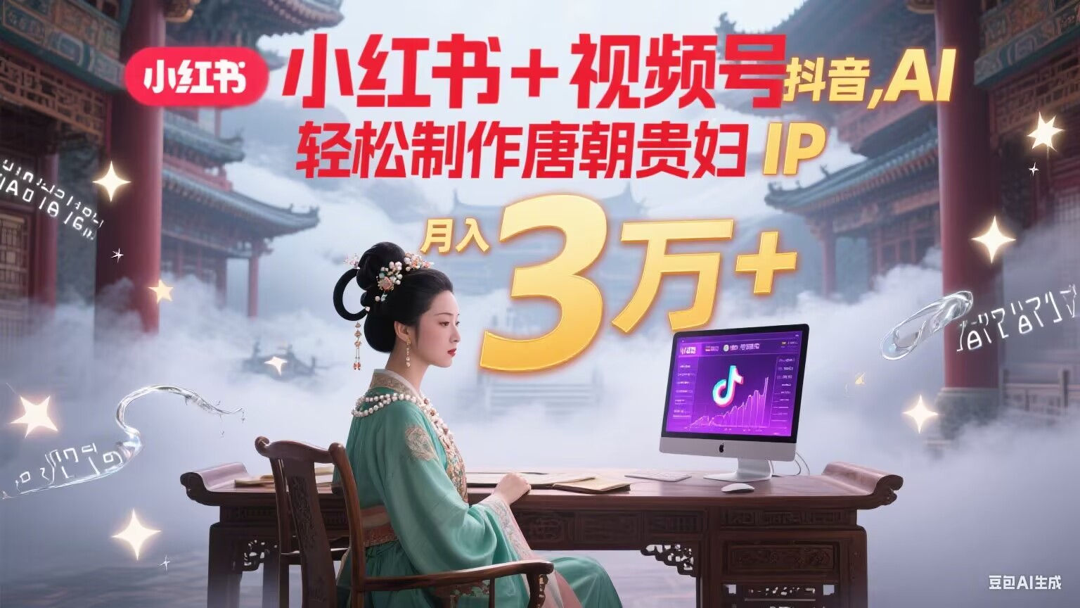小红书+视频号+抖音，AI轻松制作唐朝贵妇IP，毒鸡汤、励志、减肥瘦身、养生赛道轻松切入，每天30分钟，轻松产出N条，月入3万+-萤火网创