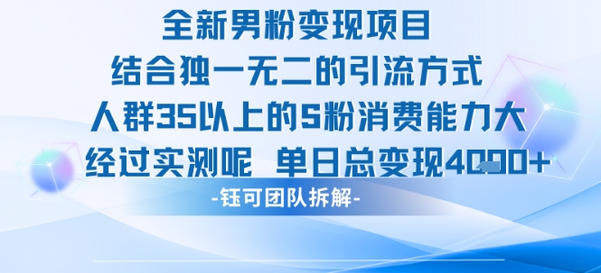全新男粉变现项目引流人群35以上的男粉消费能力大 经过实测单日变现1k+-萤火网创