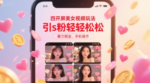 四开屏美女视频玩法，引s粉轻轻松松，暴力掘金，手机操作【揭秘】-萤火网创