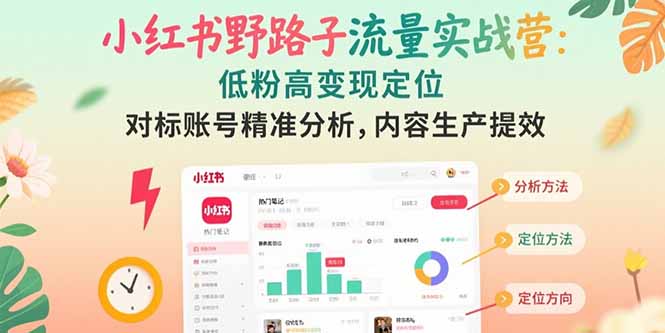 小红书野路子流量实战营：低粉高变现定位 对标账号精准分析 内容生产提效-萤火网创