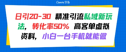 日引 20-30 精准引流私域新玩法，转化率50% 高客单虚拟资料，小白一台手机就能做-萤火网创
