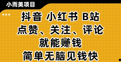 小而美的项目，抖音小红书B站视频点赞、关注、评论就能挣钱，简单无脑立见收益，妥妥的零撸项目【揭秘】-萤火网创