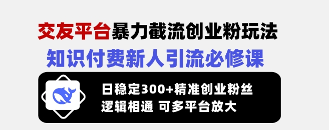 交友平台暴力截流创业粉玩法，知识付费新人引流必修课，日稳定300+精准创业粉丝，逻辑相通可多平台放大-萤火网创