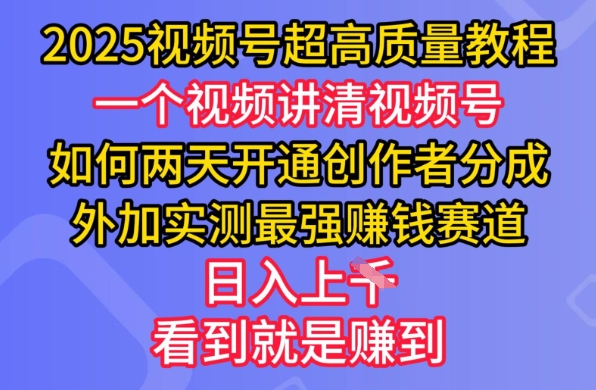 2025视频号超高质量教程，两天开通创作者分成，外加实测最强挣钱赛道，日入多张-萤火网创