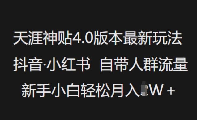 天涯神贴4.0版本最新玩法，抖音·小红书自带人群流量，新手小白轻松月入过W-萤火网创