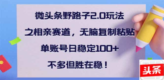 微头条野路子2.0玩法之相亲赛道，无脑搬砖复制粘贴，单账号日稳定300+…-萤火网创