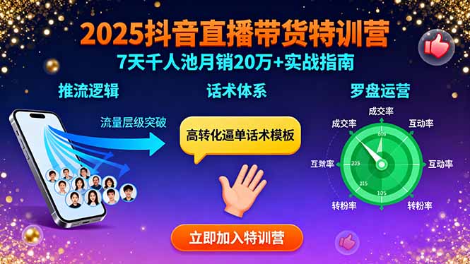 2025抖音直播带货特训：推流逻辑、话术体系、罗盘运营,7天千人池月销20万+-萤火网创