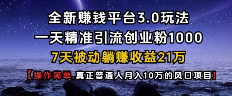 全新赚钱平台3.0玩法一天精准引流创业粉1000.7天被动躺Z收益21W【仅揭秘】-萤火网创