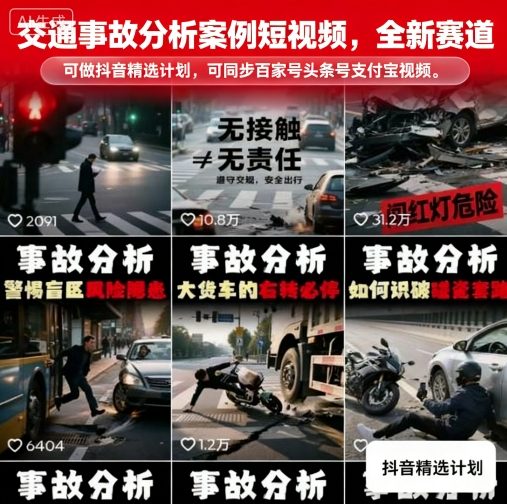 交通事故分析案例短视频，全新赛道，可做抖音精选计划，可同步百家号头条号支付宝视频号平台-萤火网创