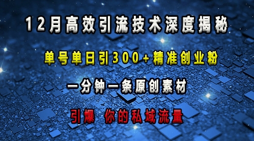 最新高效引流技术深度揭秘 ，单号单日引300+精准创业粉，一分钟一条原创素材，引爆你的私域流量-萤火网创