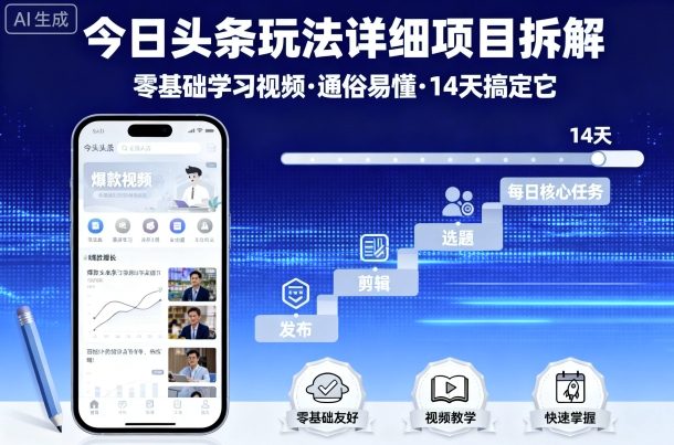 今日头条玩法详细项目拆解，零基础学习视频 通俗易懂 14天搞定它-萤火网创