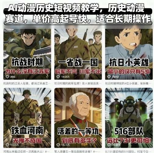 AI动漫历史短视频教学，历史动漫赛道，单价高起号快，适合长期操作-萤火网创