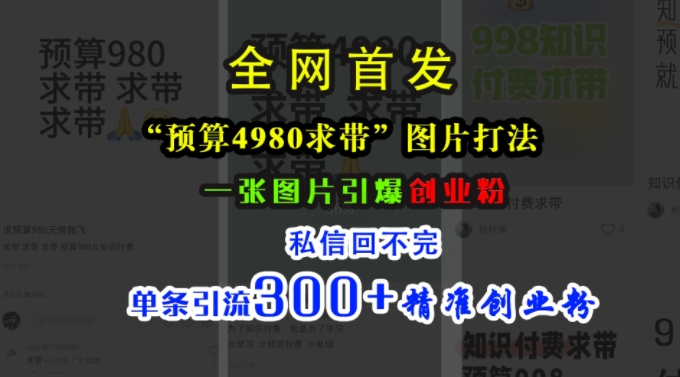 小红书“预算4980带我飞”图片打法，一张图片引爆创业粉，私信回不完，单条引流300+精准创业粉-萤火网创