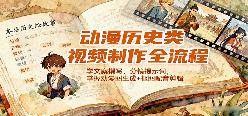 动漫历史类视频制作全流程，学文案撰写、分镜提示词，掌握动漫图生成+抠图配音剪辑-萤火网创