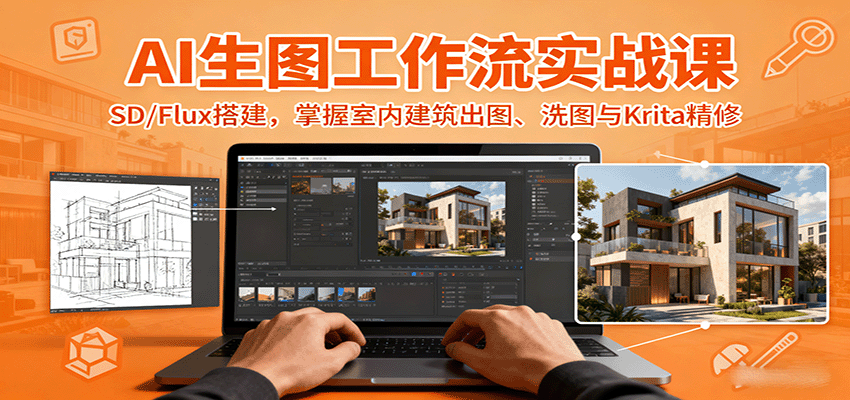 AI生图工作流实战课：SD/Flux搭建，掌握室内建筑出图、洗图与Krita精修-萤火网创