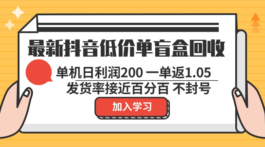 最新抖音低价单盲盒回收 一单1.05 单机日利润200 纯绿色不封号-萤火网创