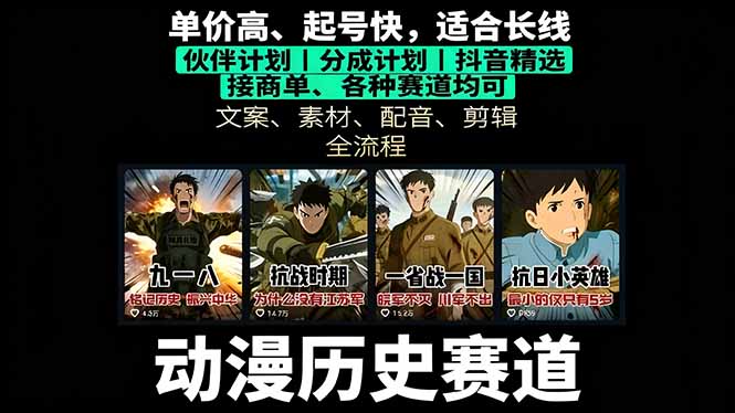 历史动漫赛道撸分成：起号、文案、素材、配音、剪辑，单视频收益破万-萤火网创