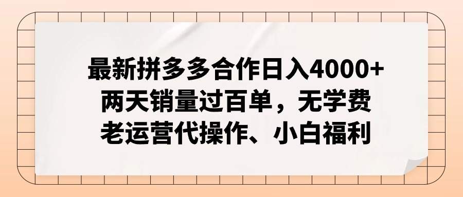 拼多多最新合作日入4000+两天销量过百单，无学费、老运营代操作、小白福利-萤火网创