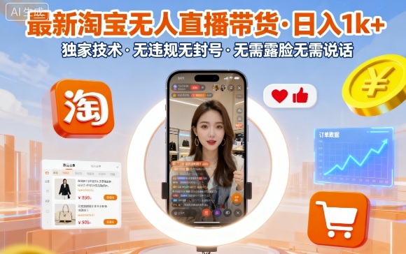 最新淘宝无人直播带货，日入1k+，独家技术，无违规无封号，无需露脸无需说话【揭秘】-萤火网创