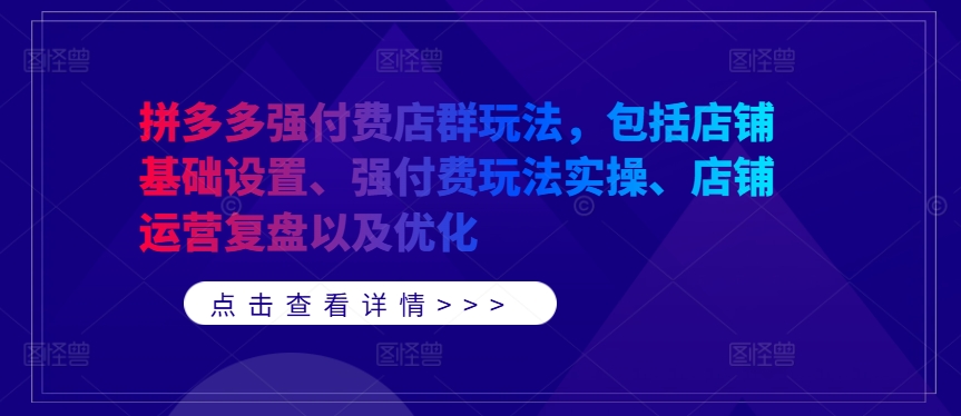 拼多多强付费店群玩法，包括店铺基础设置、强付费玩法实操、店铺运营复盘以及优化-萤火网创