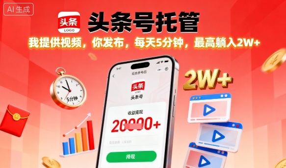 【头条号托管】我提供视频，你发布，每天5分钟，最高躺入2W+【揭秘】-萤火网创