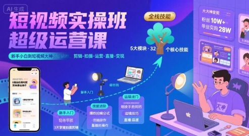 短视频实操班超级运营课，新手小白到短视频大神必修课程，剪辑-拍摄-运营-直播-变现-萤火网创