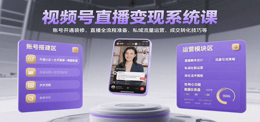 视频号直播变现系统课，账号开通装修、直播全流程准备、私域流量运营、成交转化技巧等-萤火网创