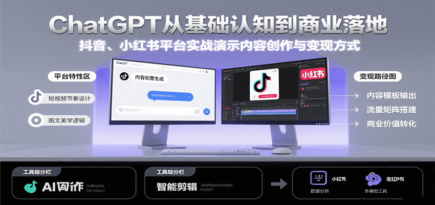ChatGPT从基础认知到商业落地，实战演示抖音、小红书等平台的内容创作与变现-萤火网创