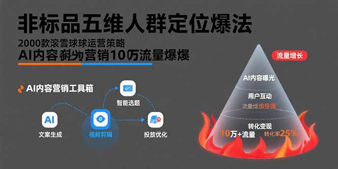 非标品五维人群定位法，2000款滚雪球运营策略，AI内容营销10万流量引爆-萤火网创