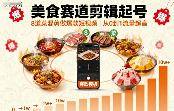 美食赛道剪辑起号，8道菜混剪做爆款短视频，从0到1，流量超高-萤火网创