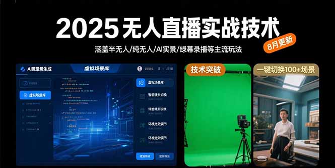 2025无人直播实战技术-8月，涵盖半无人/纯无人/AI实景/绿幕录播等主流玩法-萤火网创