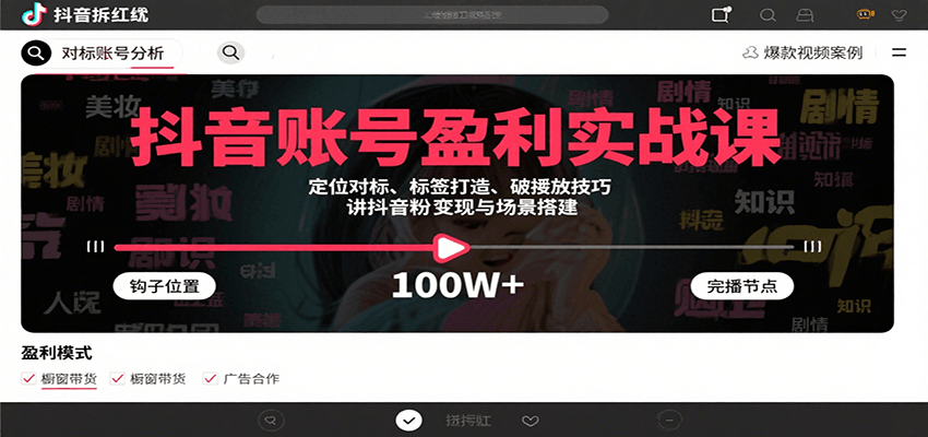 抖音账号盈利实战课，定位对标、标签打造、破播放技巧，讲涨粉变现与场景搭建-萤火网创