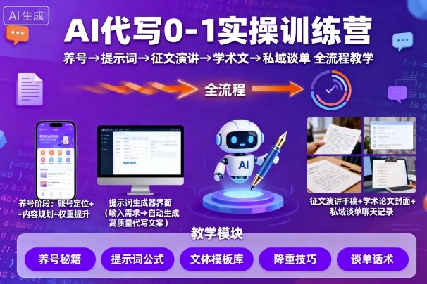 AI代写0-1实操训练营，从养号、提示词、征文演讲、学术文，到私域谈单的全流程教学-萤火网创