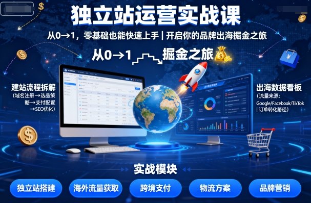 独立站运营实战课，​从0到1，零基础也能快速上手，开启你的品牌出海掘金之旅-萤火网创