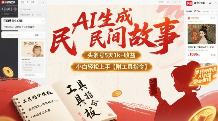 AI生成民间故事，头条号5天1k+，小白轻松上手【附工具指令】-萤火网创