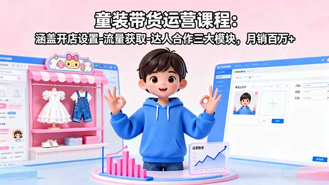 童装带货运营课程：涵盖开店设置-流量获取-达人合作三大模块，月销百万+-萤火网创
